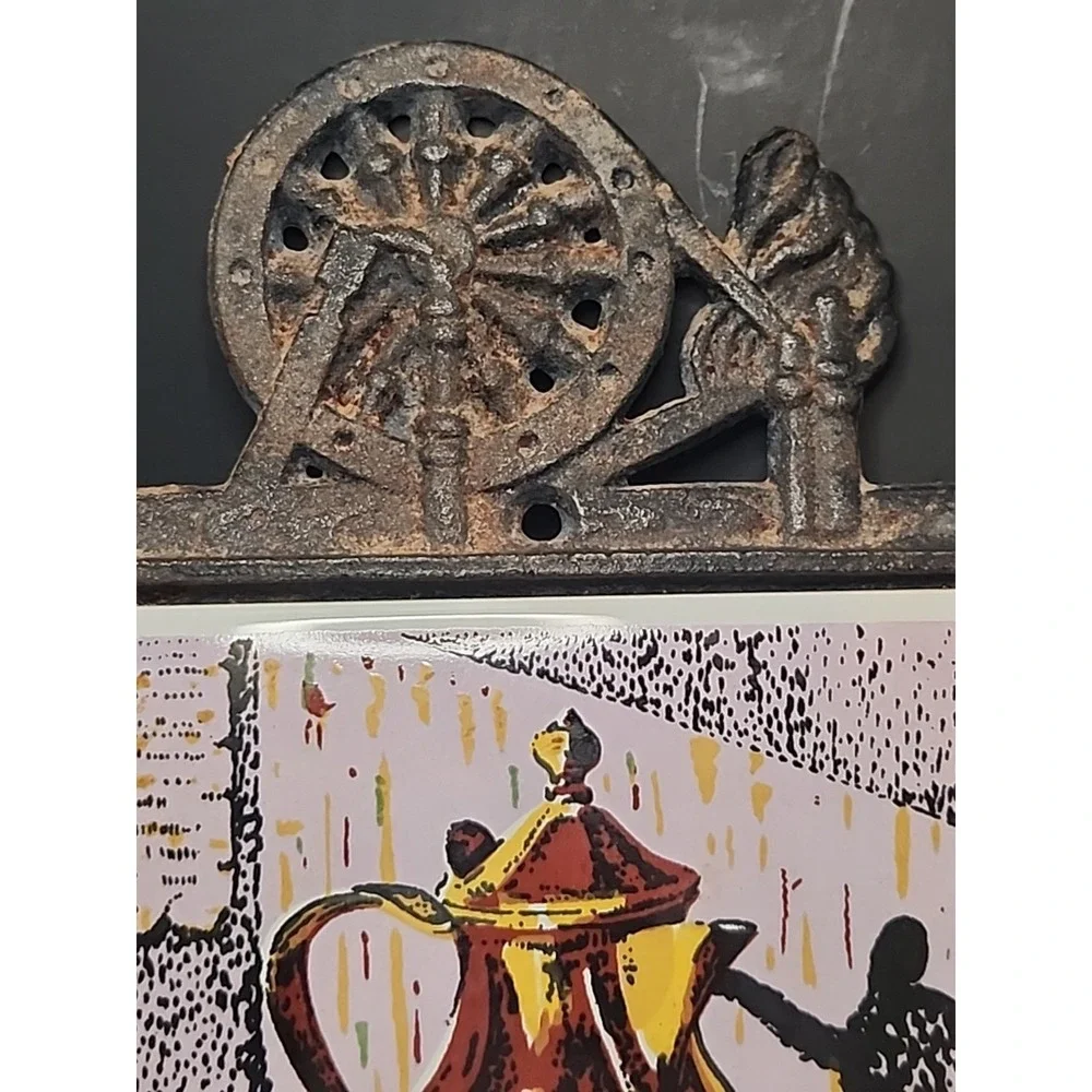 Set Of 2 Enesco Vintage Cast Iron Trivets W/Tile Centers Kettle & Pitcher Scenes